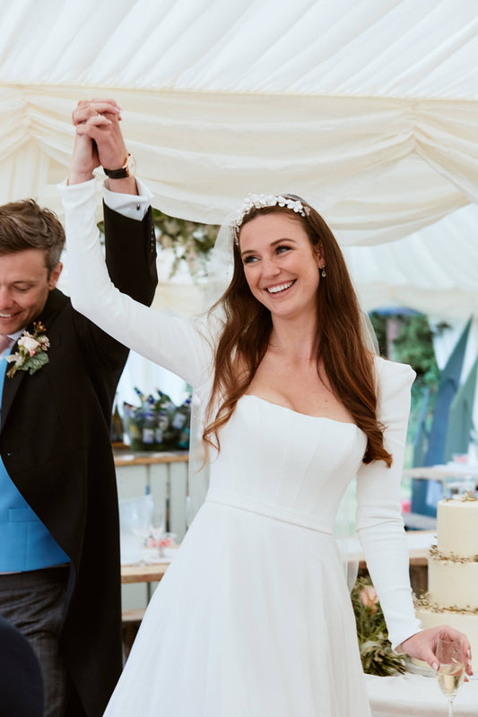 Real bride, Hermione Harbutt, wild rose, Crown, Tiara, brunette bride, regal, royal wedding, hair accessories, headpiece, inspiration, wedding, freshwater pear, pearl, flowers, mother of pearl, crystal, John Alexander Photography, Suzanne Neville dress