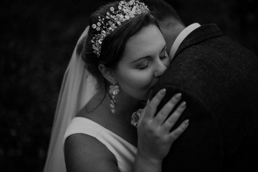 Real bride, Hermione Harbutt, brunette bride, up do, hair accessories, bespoke, freshwater pearl, mother of pearl, pearl, headpiece, crown, tiara, flowers, bespoke, blossoms, wedding gown, wedding inspiration, crystal, Swarovski, earrings