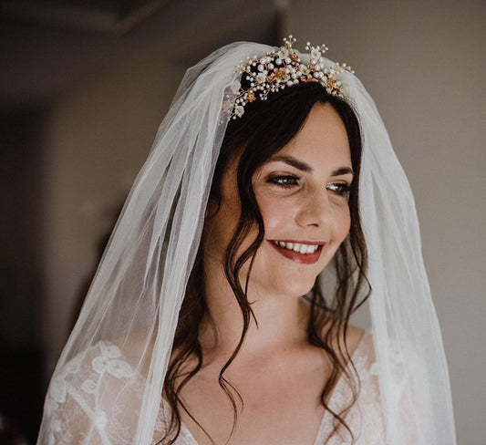 Real bride, Hermione Harbutt, brunette bride, hair accessories, bespoke, freshwater pearl, mother of pearl, pearl, headpiece, crown, tiara, flowers, bespoke, blossoms, wedding gown, wedding inspiration, crystal, Swarovski, gold, veil
