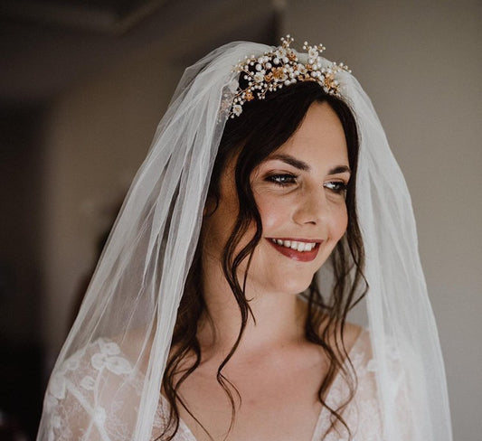  Real bride, Hermione Harbutt, brunette bride, hair accessories, bespoke, freshwater pearl, mother of pearl, pearl, headpiece, crown, tiara, flowers, bespoke, blossoms, wedding gown, wedding inspiration, crystal, Swarovski, gold, veil