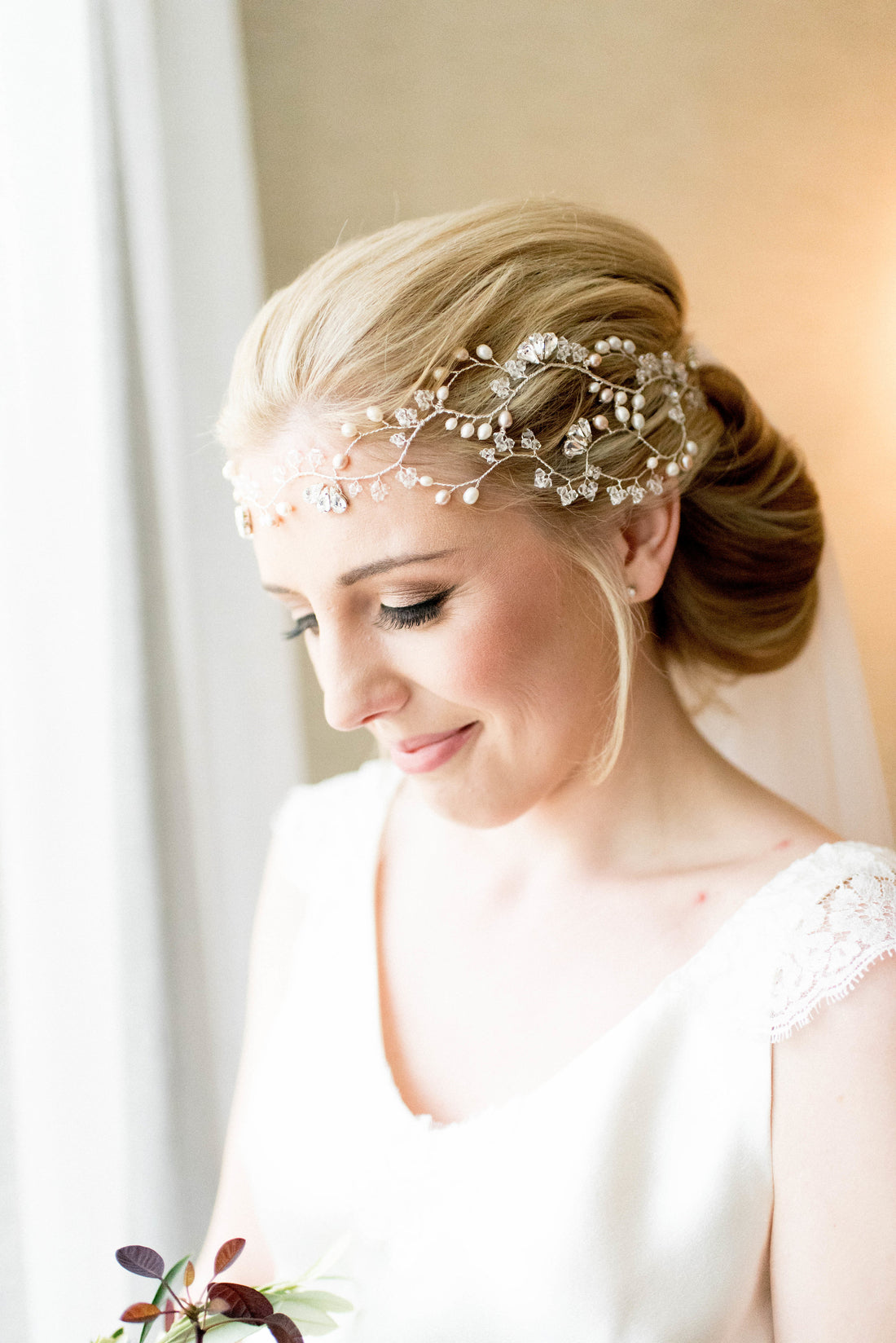 Real bride, Jewellery, inspiration, wedding dress, wedding accessories, bride, bridal, crystal, Pearl, Headpiece, Swarovski, blond bride, sleeved wedding dress, updo hairstyle