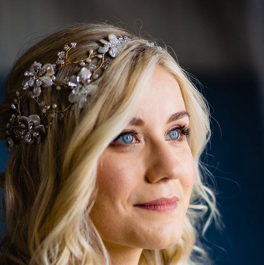 Real bride, Hermione Harbutt, blond bride, bespoke, veil, hair accessories, bespoke, freshwater pearl, mother of pearl, pearl, headpiece, garland, tiara, flowers, bespoke, wedding gown, wedding inspiration, crystal, Swarovski, gold, florrie blossom