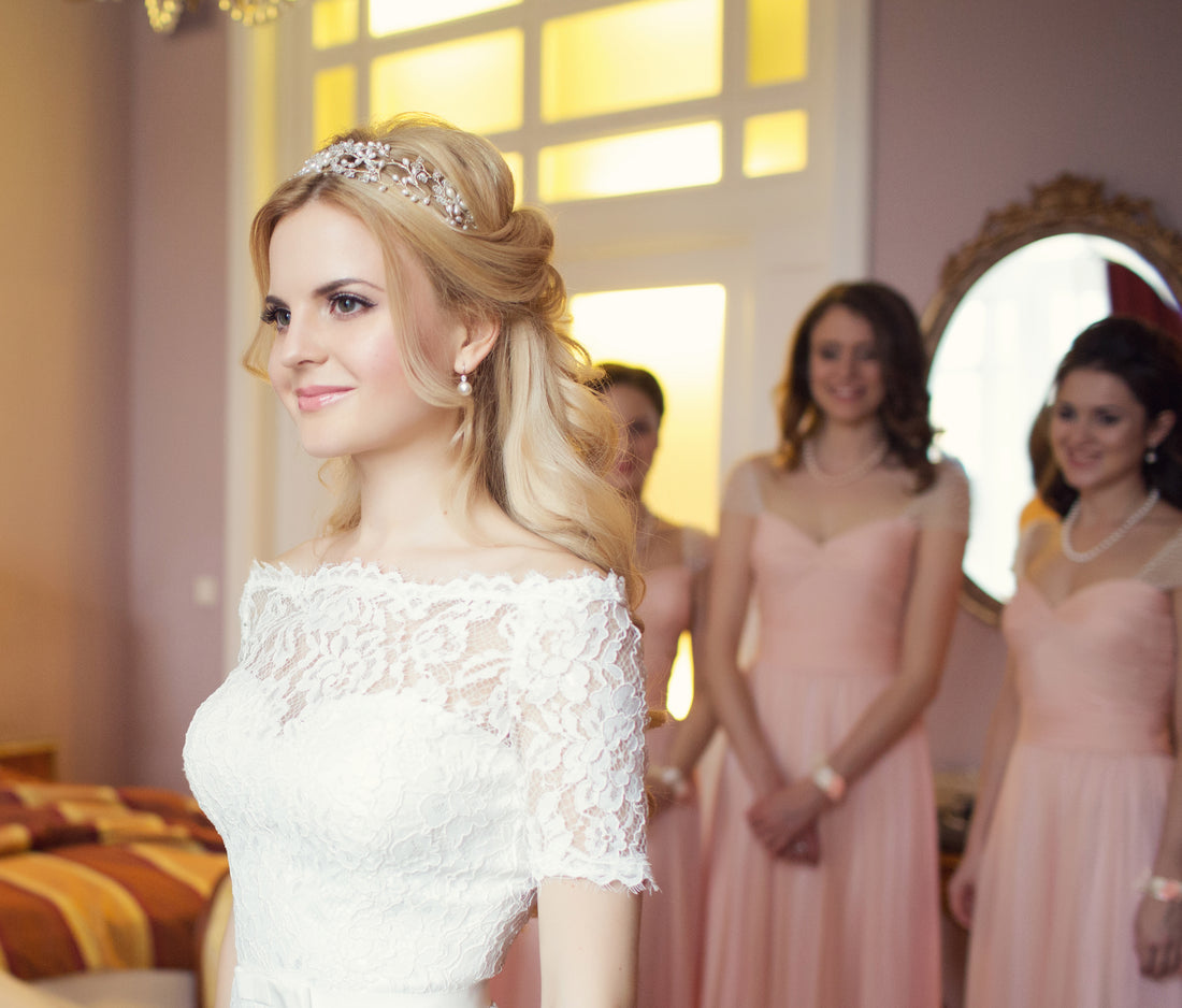 Real bride, Hermione Harbutt, blond bride, hair accessories, bespoke, freshwater pearl, mother of pearl, pearl, headpiece, garland, tiara, flowers, bespoke, wedding gown, wedding inspiration, crystal, Swarovski, silver, Persephone