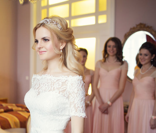 Real bride, Hermione Harbutt, blond bride, hair accessories, bespoke, freshwater pearl, mother of pearl, pearl, headpiece, garland, tiara, flowers, bespoke, wedding gown, wedding inspiration, crystal, Swarovski, silver, Persephone