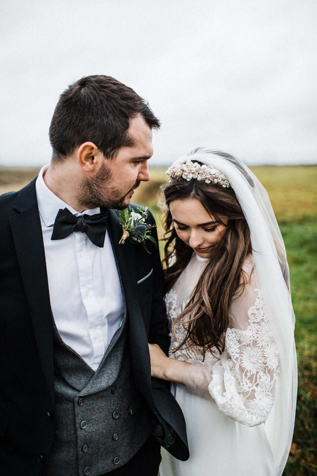 Real bride, Hermione Harbutt, wild rose, Crown, Tiara, brunette bride, regal, royal wedding, hair accessories, headpiece, inspiration, wedding, freshwater pear, pearl, flowers, mother of pearl, crystal
