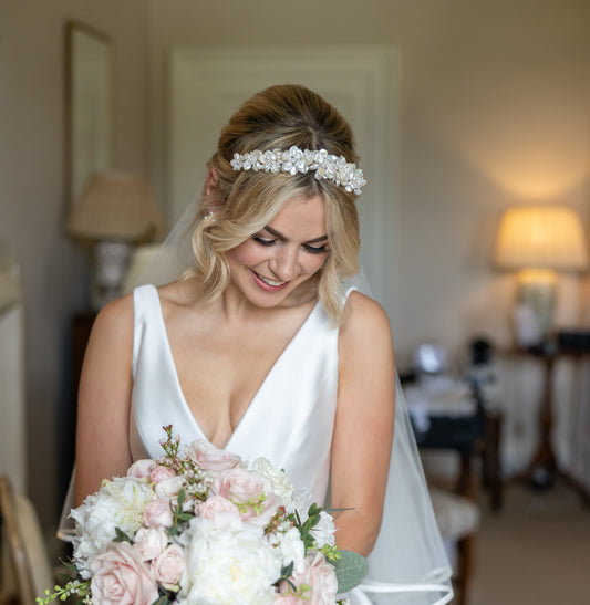 Real bride, Hermione Harbutt, wild rose, Crown, Tiara, blond bride, regal, royal wedding, hair accessories, headdress, headpiece, inspiration, wedding, freshwater pear, pearl, flowers, mother of pearl, crystal, Kensington earrings, veil