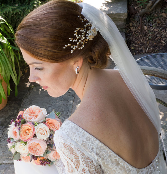 Real bride, Jewellery, inspiration, wedding dress, wedding accessories, bride, bridal, pearl, Headpiece, freshwater pearl, red head bride, sleeved wedding dress, veil, wild rose, updo hairstyle