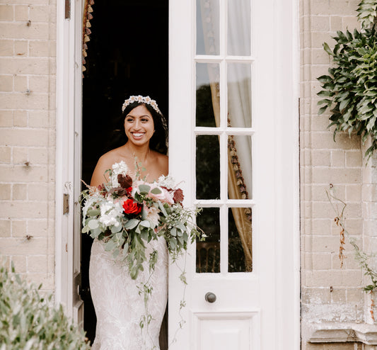 Real bride, Hermione Harbutt, wild rose, Crown, Tiara, brunette bride, regal, royal wedding, hair accessories, headpiece, inspiration, wedding, freshwater pear, pearl, flowers, mother of pearl, gold, bespoke, indian bride