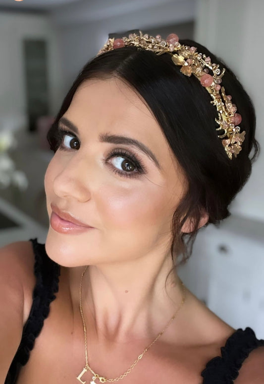 Lucy Meck, headband, coral, gold, earrings