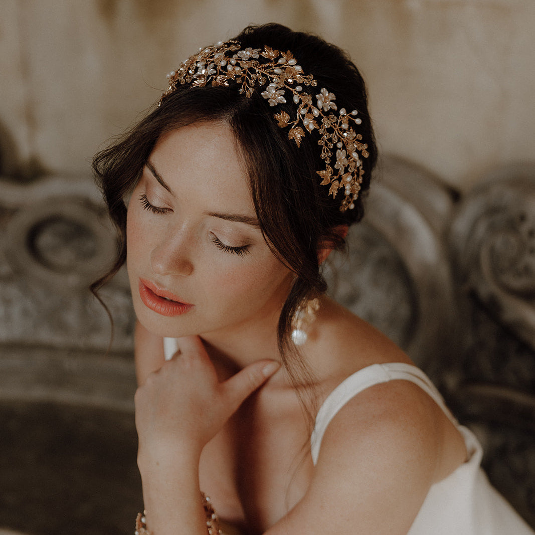 Gold Leaves Pearl and Crystal Bridal headpiece and pearl earrings