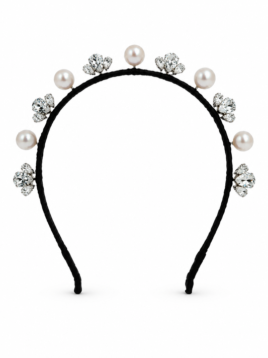 Allegra Halo – Luxury Bridal Headband, Wedding Hair Accessory & Statement Fashion Millinery in cultured freshwater pearls, Swarovski crystals, pure silk | Luxury Bridal, Wedding, Gift & Fashion Accessory Handmade in England by Hermione Harbutt (Editorial Model & Styling View)