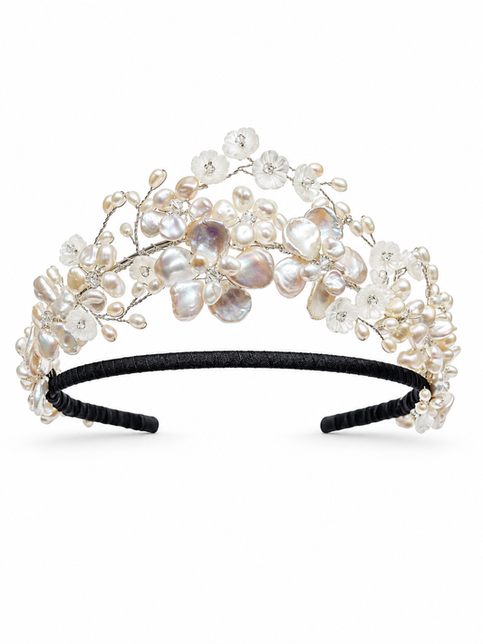 Amelie Crown – Couture Bridal Crown, Wedding Tiara & Fashion Headpiece in cultured freshwater pearls, carved mother of pearl, Swarovski crystals | Luxury Bridal, Wedding, Gift & Fashion Accessory Handmade in England by Hermione Harbutt (Editorial Model & Styling View)