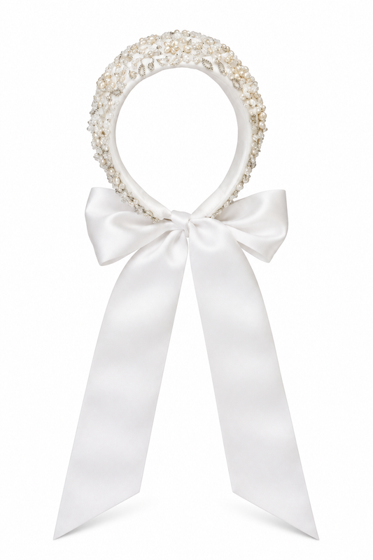 Anastasia Headdress – Luxury Bridal Headband, Wedding Hair Accessory & Statement Fashion Millinery in cultured freshwater pearls, Swarovski crystals, sterling silver wirework | Luxury Bridal, Wedding, Gift & Fashion Accessory Handmade in England by Hermione Harbutt (Editorial Model & Styling View)