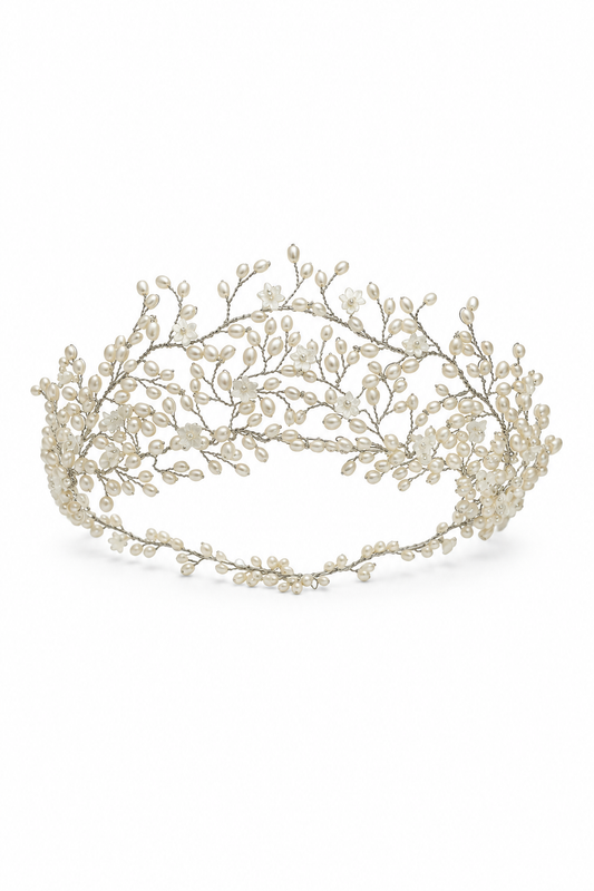 Aphrodite Headdress – Luxury Bridal Headband, Wedding Hair Accessory & Statement Fashion Millinery in cultured freshwater pearls, carved mother of pearl, sterling silver wirework | Luxury Bridal, Wedding, Gift & Fashion Accessory Handmade in England by Hermione Harbutt (Editorial Model & Styling View)