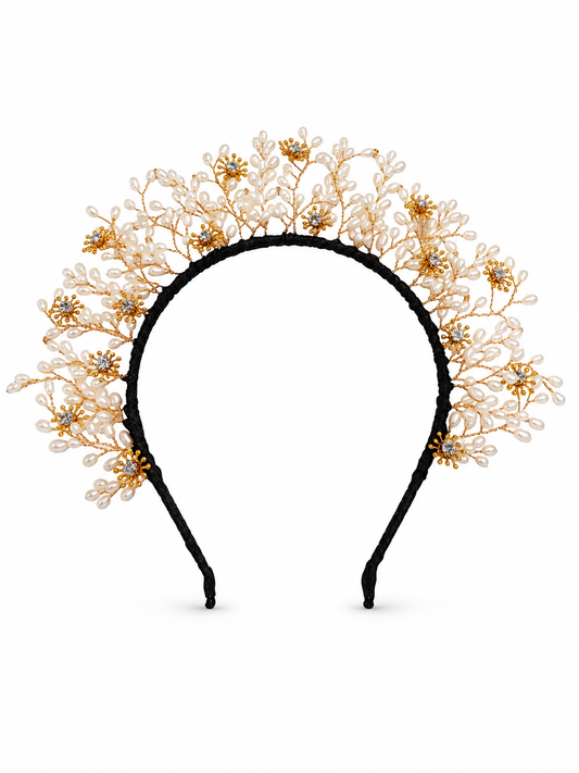 Arielle Crown – Couture Bridal Crown, Wedding Tiara & Fashion Headpiece in cultured freshwater pearls, Swarovski crystals, gold-plated wirework | Luxury Bridal, Wedding, Gift & Fashion Accessory Handmade in England by Hermione Harbutt (Editorial Model & Styling View)