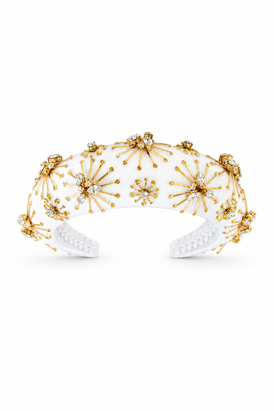 Artemis Crescent Headdress – Luxury Bridal Headband, Wedding Hair Accessory & Statement Fashion Millinery in Swarovski crystals, gold-plated wirework | Luxury Bridal, Wedding, Gift & Fashion Accessory Handmade in England by Hermione Harbutt (Editorial Model & Styling View)