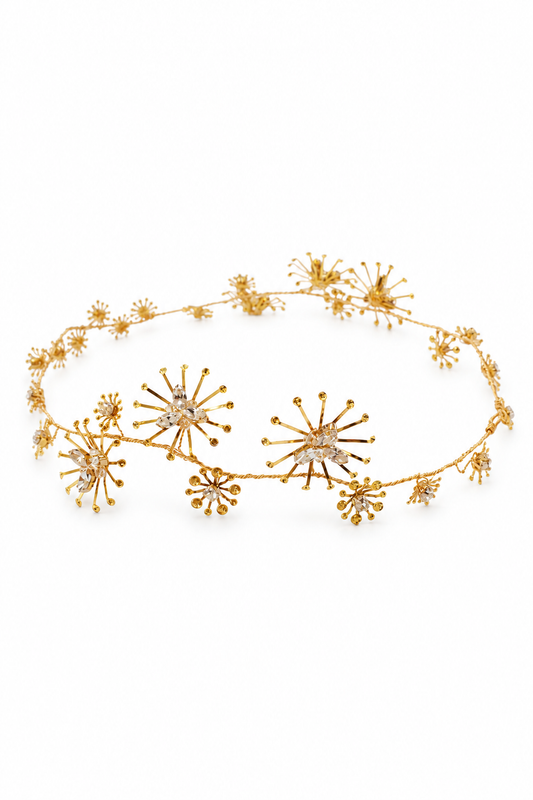 Artemis Garland – Luxury Bridal Headband, Wedding Hair Accessory & Statement Fashion Millinery in Swarovski crystals, gold-plated wirework | Luxury Bridal, Wedding, Gift & Fashion Accessory Handmade in England by Hermione Harbutt (Editorial Model & Styling View)