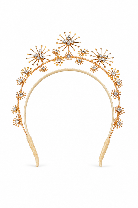 Artemis Halo – Luxury Bridal Headband, Wedding Hair Accessory & Statement Fashion Millinery in Swarovski crystals, gold-plated wirework, pure silk | Luxury Bridal, Wedding, Gift & Fashion Accessory Handmade in England by Hermione Harbutt (Editorial Model & Styling View)