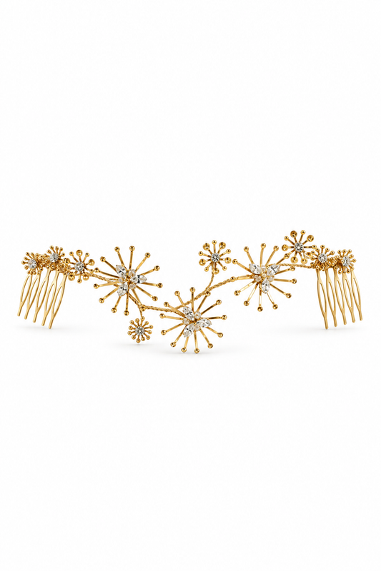 Artemis Headpiece – Luxury Bridal Headband, Wedding Hair Accessory & Statement Fashion Millinery in Swarovski crystals, gold-plated wirework | Luxury Bridal, Wedding, Gift & Fashion Accessory Handmade in England by Hermione Harbutt (Editorial Model & Styling View)
