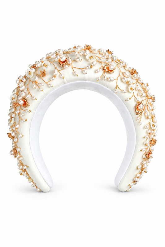 Aurora Headdress – Luxury Bridal Headband, Wedding Hair Accessory & Statement Fashion Millinery in cultured freshwater pearls, carved mother of pearl, gold-plated wirework | Luxury Bridal, Wedding, Gift & Fashion Accessory Handmade in England by Hermione Harbutt (Editorial Model & Styling View)