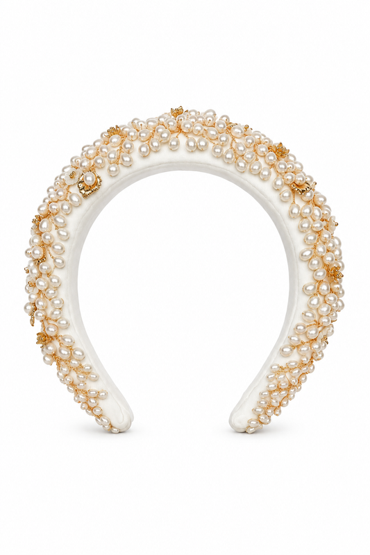 Aurora Petite Headdress – Luxury Bridal Headband, Wedding Hair Accessory & Statement Fashion Millinery in cultured freshwater pearls, carved mother of pearl, gold-plated wirework | Luxury Bridal, Wedding, Gift & Fashion Accessory Handmade in England by Hermione Harbutt (Editorial Model & Styling View)