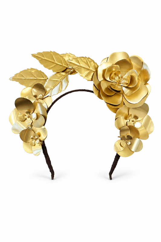 Botanical Dreams Headdress – Luxury Bridal Headband, Wedding Hair Accessory & Statement Fashion Millinery in gold-plated wirework, pure silk | Luxury Bridal, Wedding, Gift & Fashion Accessory Handmade in England by Hermione Harbutt (Editorial Model & Styling View)