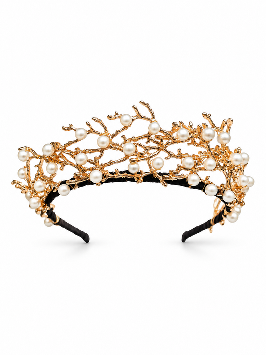 Bramble Crown – Couture Bridal Crown, Wedding Tiara & Fashion Headpiece in cultured freshwater pearls, gold-plated wirework, pure silk | Luxury Bridal, Wedding, Gift & Fashion Accessory Handmade in England by Hermione Harbutt (Editorial Model & Styling View)