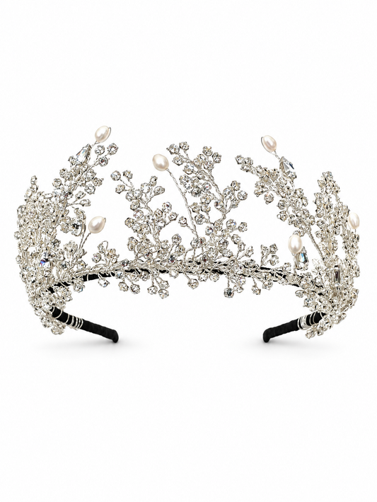 Brontë Tiara – Couture Bridal Crown, Wedding Tiara & Fashion Headpiece in cultured freshwater pearls, Swarovski crystals, sterling silver wirework | Luxury Bridal, Wedding, Gift & Fashion Accessory Handmade in England by Hermione Harbutt (Editorial Model & Styling View)