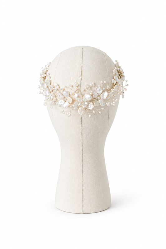 Camellia Headpiece – Luxury Bridal Headband, Wedding Hair Accessory & Statement Fashion Millinery in cultured freshwater pearls, carved mother of pearl, Swarovski crystals | Luxury Bridal, Wedding, Gift & Fashion Accessory Handmade in England by Hermione Harbutt (Editorial Model & Styling View)