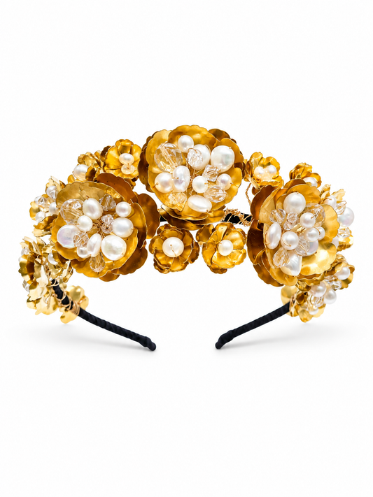 Capri Headdress – Luxury Bridal Headband, Wedding Hair Accessory & Statement Fashion Millinery in cultured freshwater pearls, Swarovski crystals, gold-plated wirework | Luxury Bridal, Wedding, Gift & Fashion Accessory Handmade in England by Hermione Harbutt (Editorial Model & Styling View)