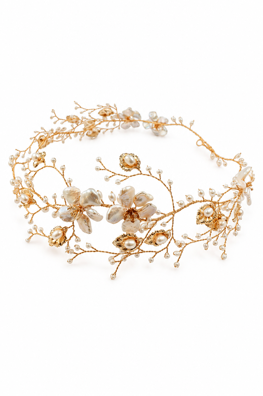 Celeste Garland – Luxury Bridal Headband, Wedding Hair Accessory & Statement Fashion Millinery in cultured freshwater pearls, gold-plated wirework | Luxury Bridal, Wedding, Gift & Fashion Accessory Handmade in England by Hermione Harbutt (Editorial Model & Styling View)