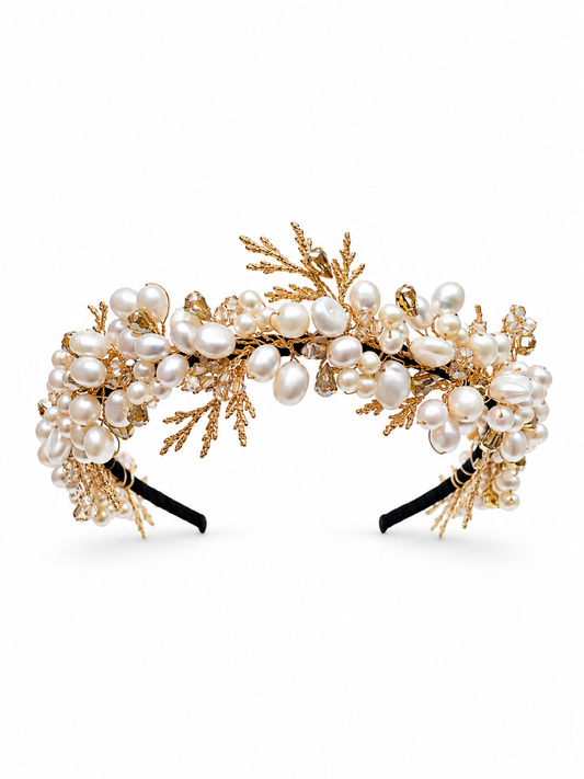 Clifton Headdress – Luxury Bridal Headband, Wedding Hair Accessory & Statement Fashion Millinery in cultured freshwater pearls, Swarovski crystals, gold-plated wirework | Luxury Bridal, Wedding, Gift & Fashion Accessory Handmade in England by Hermione Harbutt (Editorial Model & Styling View)