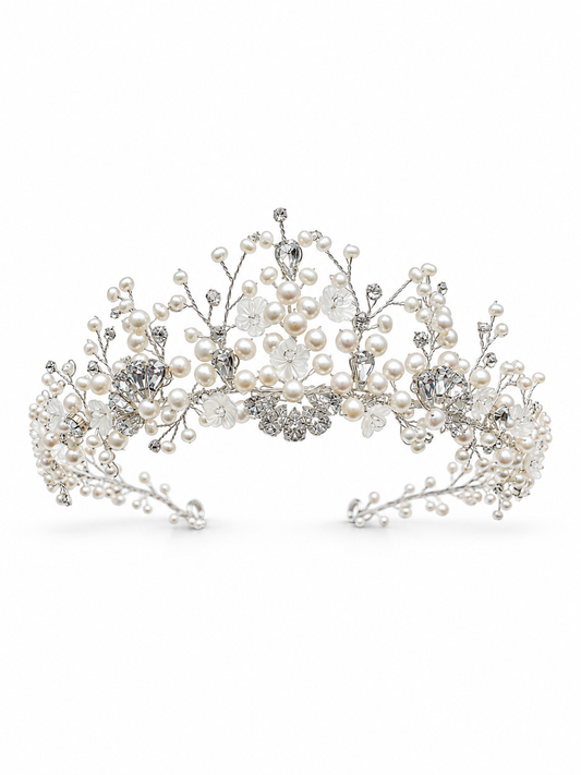 Cordelia Circlet Crown – Couture Bridal Crown, Wedding Tiara & Fashion Headpiece in cultured freshwater pearls, Swarovski crystals, sterling silver wirework | Luxury Bridal, Wedding, Gift & Fashion Accessory Handmade in England by Hermione Harbutt (Editorial Model & Styling View)