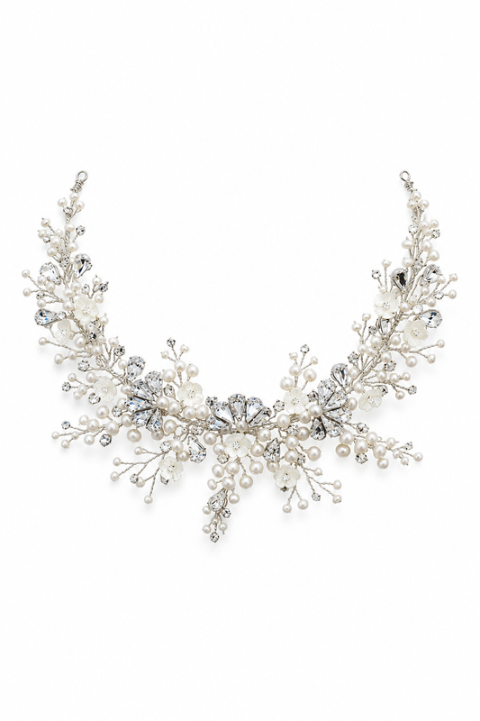 Cordelia Crystal Headpiece – Couture Bridal, Wedding, Gift & Fashion Accessory in cultured freshwater pearls, Swarovski crystals, sterling silver wirework | Luxury Bridal, Wedding, Gift & Fashion Accessory Handmade in England by Hermione Harbutt (Editorial Model & Styling View)