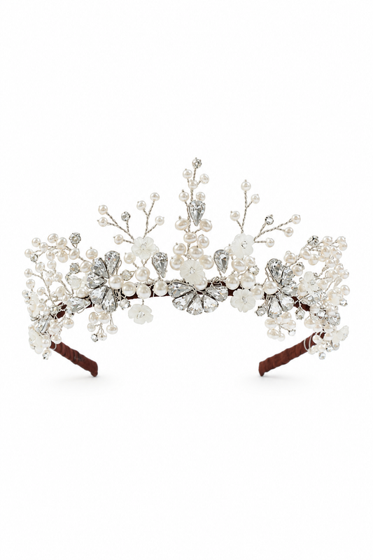 Cordelia Crystal Tiara – Couture Bridal Crown, Wedding Tiara & Fashion Headpiece in cultured freshwater pearls, Swarovski crystals, sterling silver wirework | Luxury Bridal, Wedding, Gift & Fashion Accessory Handmade in England by Hermione Harbutt (Editorial Model & Styling View)