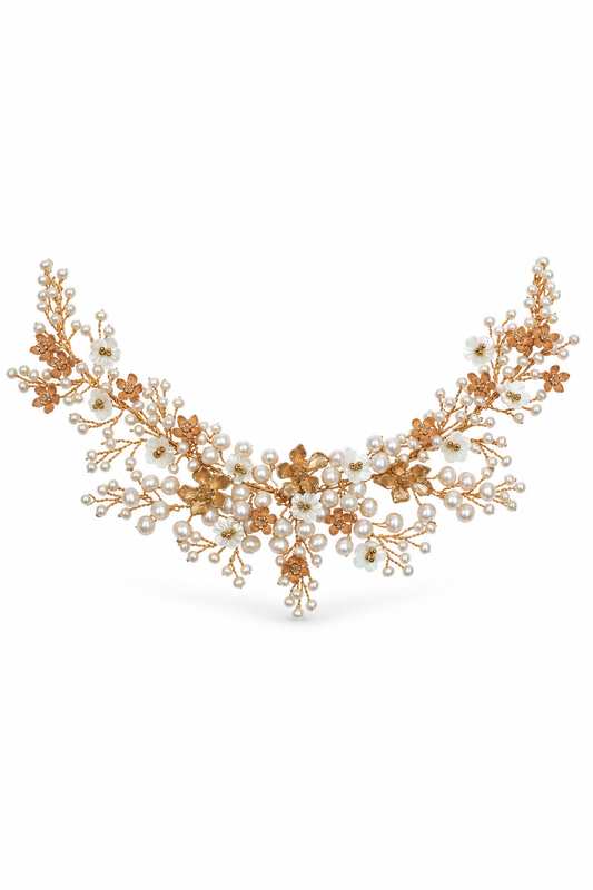 Cordelia Headpiece – Luxury Bridal Headband, Wedding Hair Accessory & Statement Fashion Millinery in cultured freshwater pearls, carved mother of pearl, gold-plated wirework | Luxury Bridal, Wedding, Gift & Fashion Accessory Handmade in England by Hermione Harbutt (Editorial Model & Styling View)