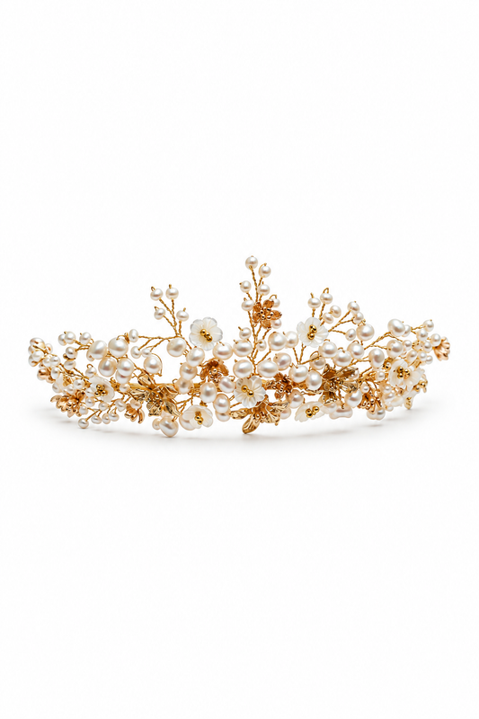 Cordelia Tiara – Couture Bridal Crown, Wedding Tiara & Fashion Headpiece in cultured freshwater pearls, carved mother of pearl, gold-plated wirework | Luxury Bridal, Wedding, Gift & Fashion Accessory Handmade in England by Hermione Harbutt (Editorial Model & Styling View)
