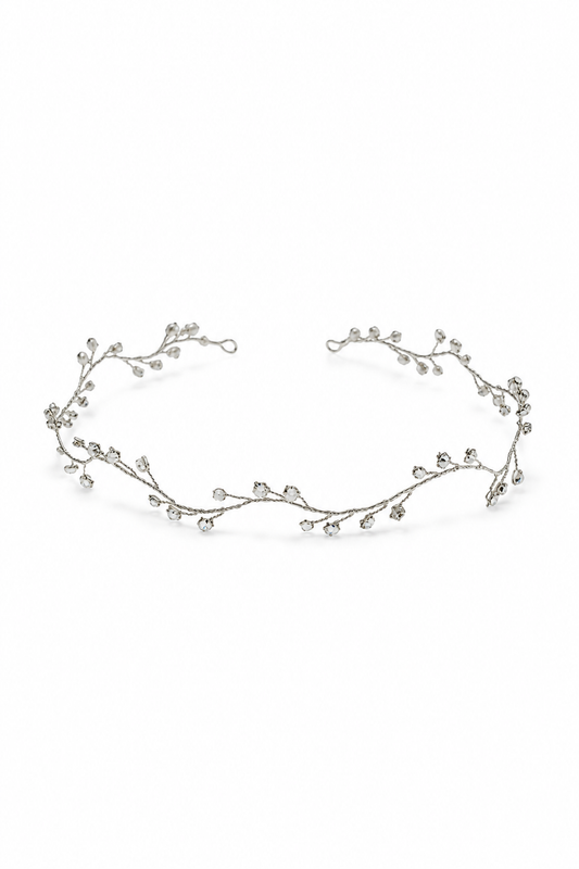 Dewdrop Hairvine – Luxury Bridal Headband, Wedding Hair Accessory & Statement Fashion Millinery in cultured freshwater pearls, Swarovski crystals, sterling silver wirework | Luxury Bridal, Wedding, Gift & Fashion Accessory Handmade in England by Hermione Harbutt (Editorial Model & Styling View)