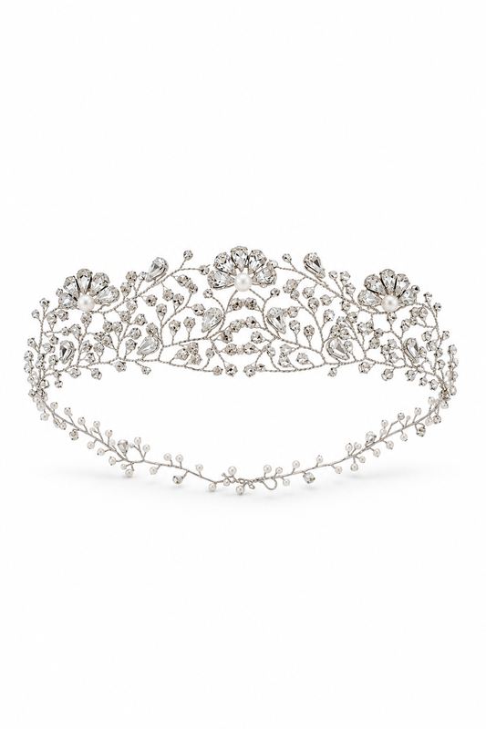 Duchess Crown – Couture Bridal Crown, Wedding Tiara & Fashion Headpiece in cultured freshwater pearls, Swarovski crystals, sterling silver wirework | Luxury Bridal, Wedding, Gift & Fashion Accessory Handmade in England by Hermione Harbutt (Editorial Model & Styling View)