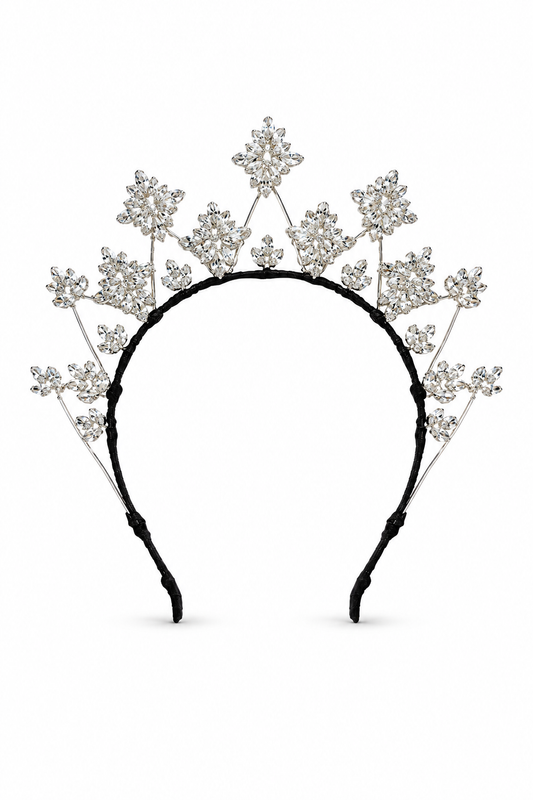 Elsa Headdress – Couture Bridal Crown, Wedding Tiara & Fashion Headpiece in Swarovski crystals, sterling silver wirework, pure silk | Luxury Bridal, Wedding, Gift & Fashion Accessory Handmade in England by Hermione Harbutt (Editorial Model & Styling View)