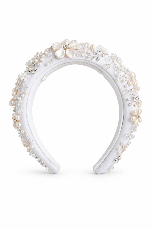 Fleurette Crescent Headdress – Luxury Bridal Headband, Wedding Hair Accessory & Statement Fashion Millinery in cultured freshwater pearls, carved mother of pearl, Swarovski crystals | Luxury Bridal, Wedding, Gift & Fashion Accessory Handmade in England by Hermione Harbutt (Editorial Model & Styling View)