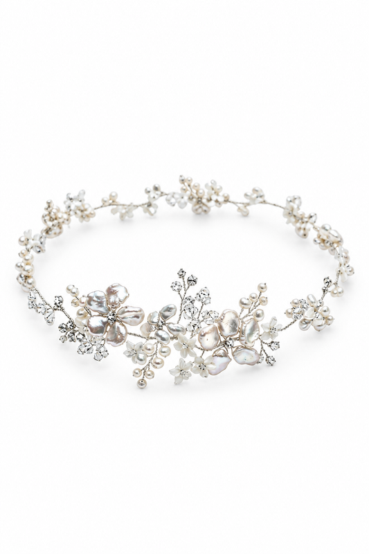 Fleurette Garland – Couture Bridal Hair Comb, Wedding Hair Clip & Luxury Gift in cultured freshwater pearls, carved mother of pearl, Swarovski crystals | Luxury Bridal, Wedding, Gift & Fashion Accessory Handmade in England by Hermione Harbutt (Editorial Model & Styling View)