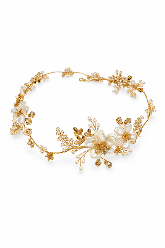 Floriana Garland – Luxury Bridal Headband, Wedding Hair Accessory & Statement Fashion Millinery in cultured freshwater pearls, Swarovski crystals, gold-plated wirework | Luxury Bridal, Wedding, Gift & Fashion Accessory Handmade in England by Hermione Harbutt (Editorial Model & Styling View)