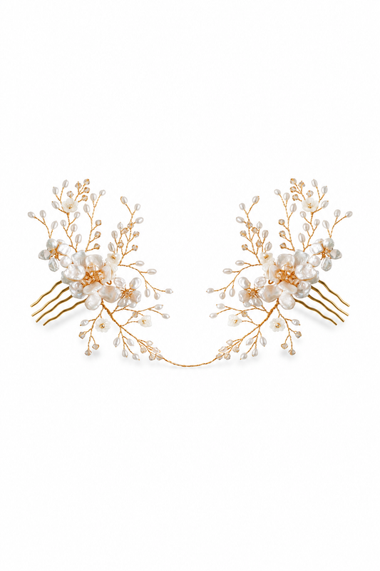 Gardenia Headpiece – Luxury Bridal Headband, Wedding Hair Accessory & Statement Fashion Millinery in cultured freshwater pearls, carved mother of pearl, Swarovski crystals | Luxury Bridal, Wedding, Gift & Fashion Accessory Handmade in England by Hermione Harbutt (Editorial Model & Styling View)