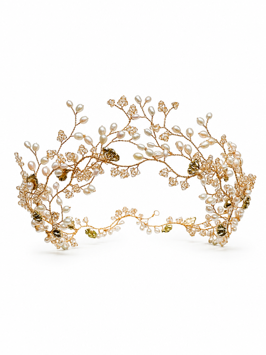 Indira Crown – Couture Bridal Crown, Wedding Tiara & Fashion Headpiece in cultured freshwater pearls, Swarovski crystals, gold-plated wirework | Luxury Bridal, Wedding, Gift & Fashion Accessory Handmade in England by Hermione Harbutt (Editorial Model & Styling View)
