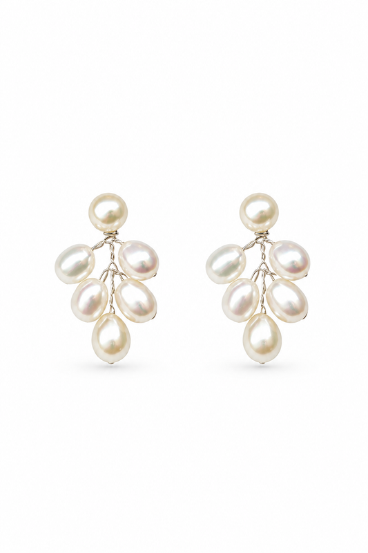 Kensington Grande Pearl Earrings - Silver – Pearl & Crystal Bridal Earrings, Wedding Jewellery & Gift for the Bride in cultured freshwater pearls, gold-plated wirework, sterling silver wirework | Luxury Bridal, Wedding, Gift & Fashion Accessory Handmade in England by Hermione Harbutt (Editorial Model & Styling View)