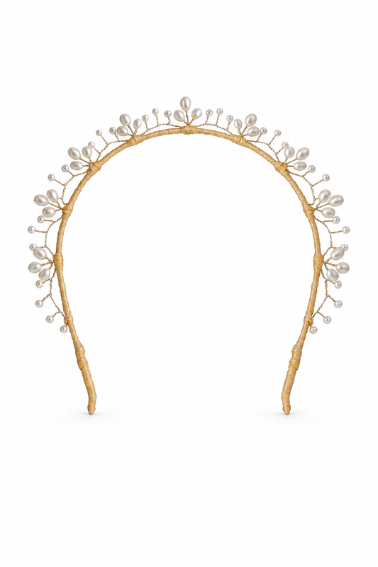 Kensington Pearl Halo – Luxury Bridal Headband, Wedding Hair Accessory & Statement Fashion Millinery in cultured freshwater pearls, pure silk | Luxury Bridal, Wedding, Gift & Fashion Accessory Handmade in England by Hermione Harbutt (Editorial Model & Styling View)