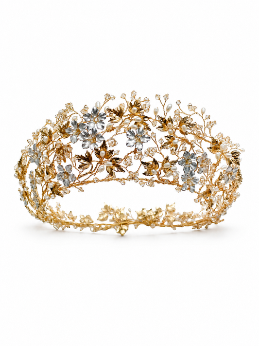 Leilani Crown – Couture Bridal Crown, Wedding Tiara & Fashion Headpiece in cultured freshwater pearls, Swarovski crystals, gold-plated wirework | Luxury Bridal, Wedding, Gift & Fashion Accessory Handmade in England by Hermione Harbutt (Editorial Model & Styling View)