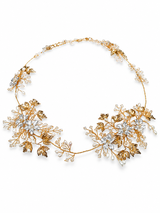 Leilani Garland – Luxury Bridal Headband, Wedding Hair Accessory & Statement Fashion Millinery in cultured freshwater pearls, Swarovski crystals, gold-plated wirework | Luxury Bridal, Wedding, Gift & Fashion Accessory Handmade in England by Hermione Harbutt (Editorial Model & Styling View)