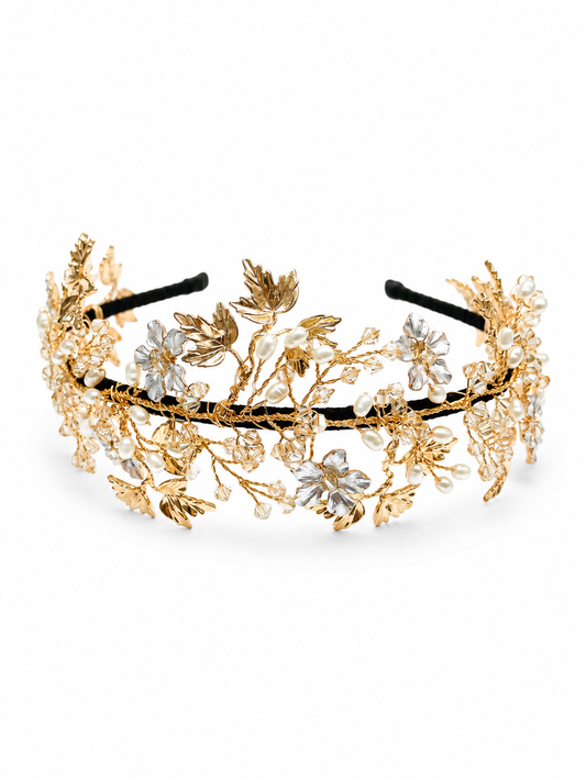 Leilani Headdress – Luxury Bridal Headband, Wedding Hair Accessory & Statement Fashion Millinery in cultured freshwater pearls, Swarovski crystals, gold-plated wirework | Luxury Bridal, Wedding, Gift & Fashion Accessory Handmade in England by Hermione Harbutt (Editorial Model & Styling View)